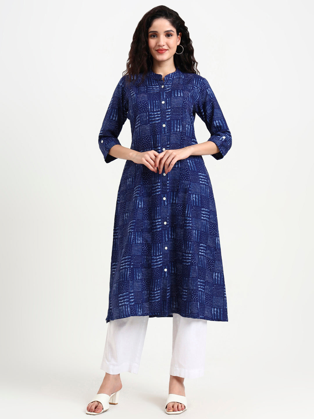 Indigo Blue Geometric Print Rayon Kurta