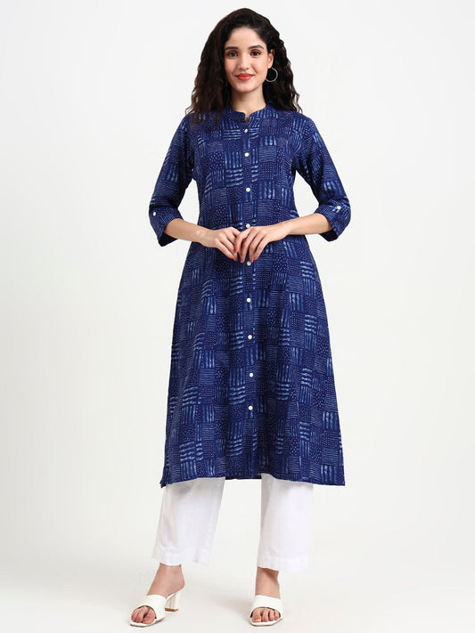 Indigo Blue Geometric Print Rayon Kurta