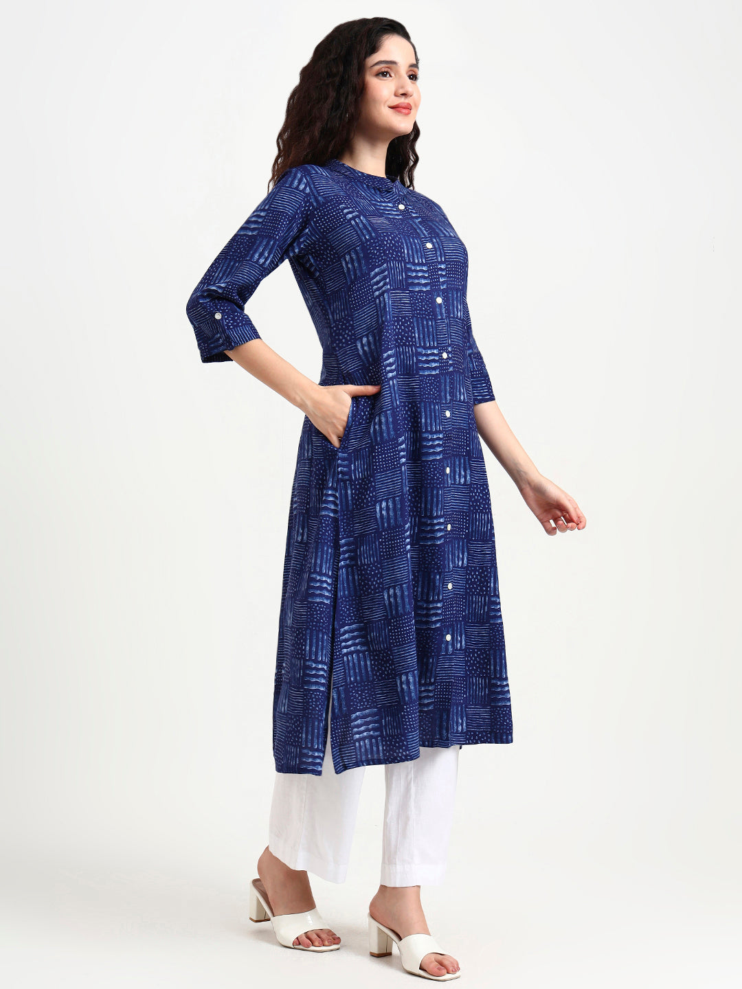Indigo Blue Geometric Print Rayon Kurta