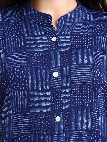 Indigo Blue Geometric Print Rayon Kurta