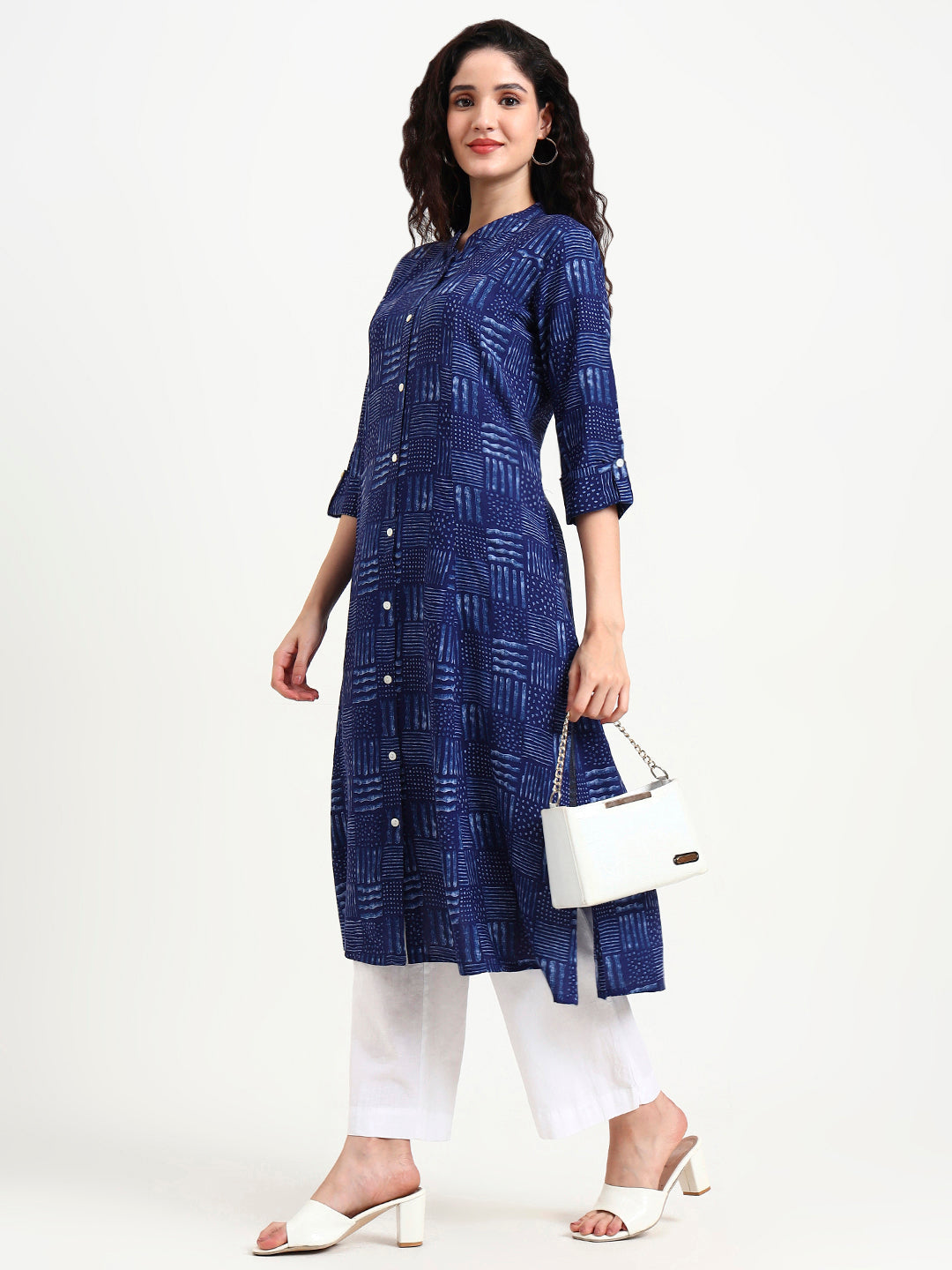 Indigo Blue Geometric Print Rayon Kurta