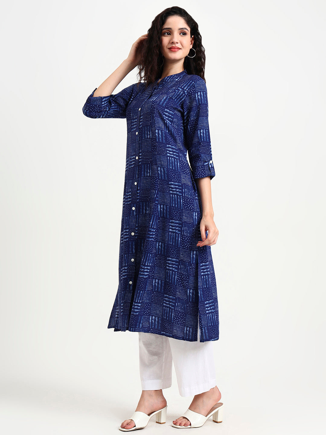 Indigo Blue Geometric Print Rayon Kurta