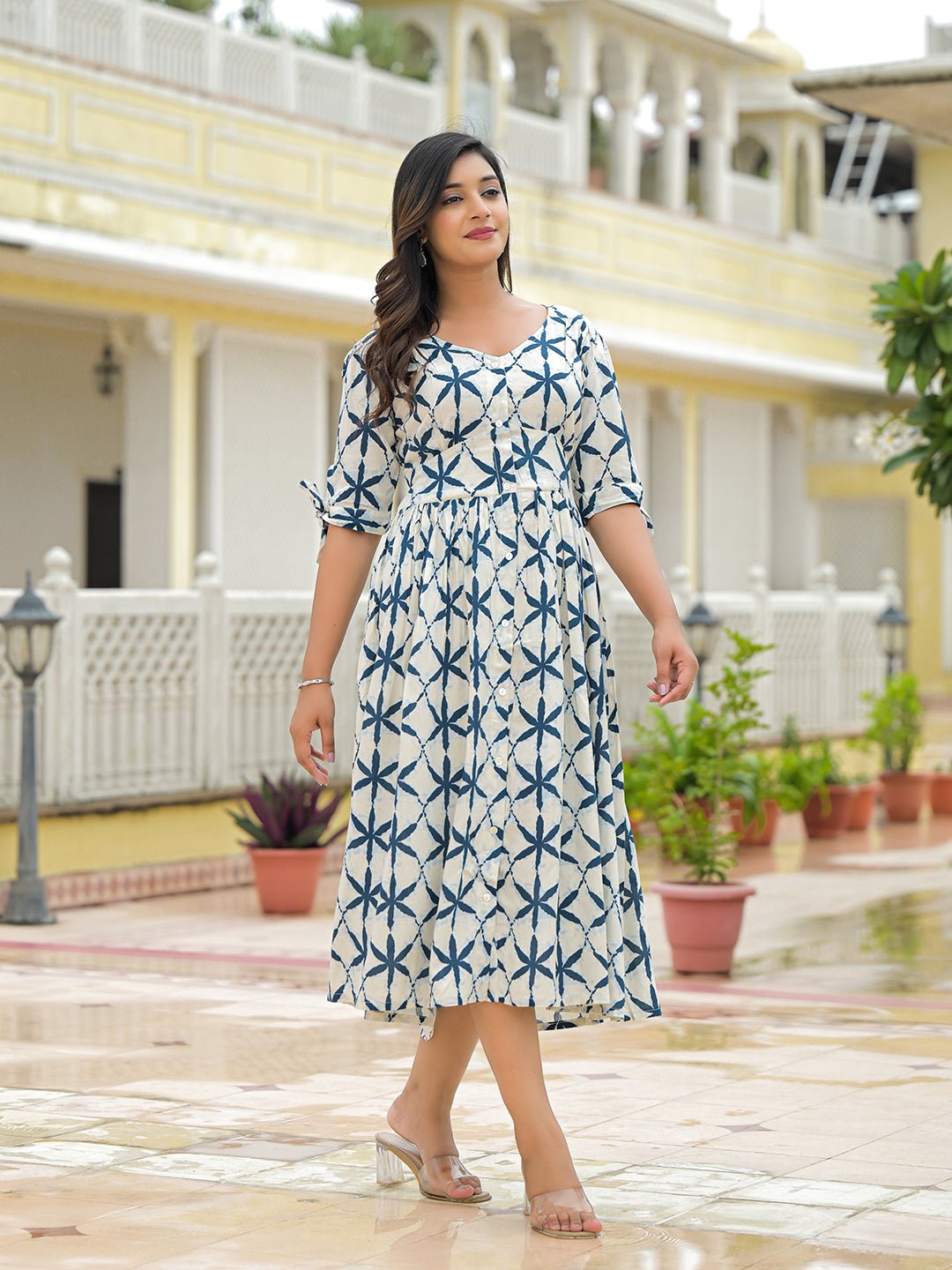 Cream Rayon Flare Midi Dress