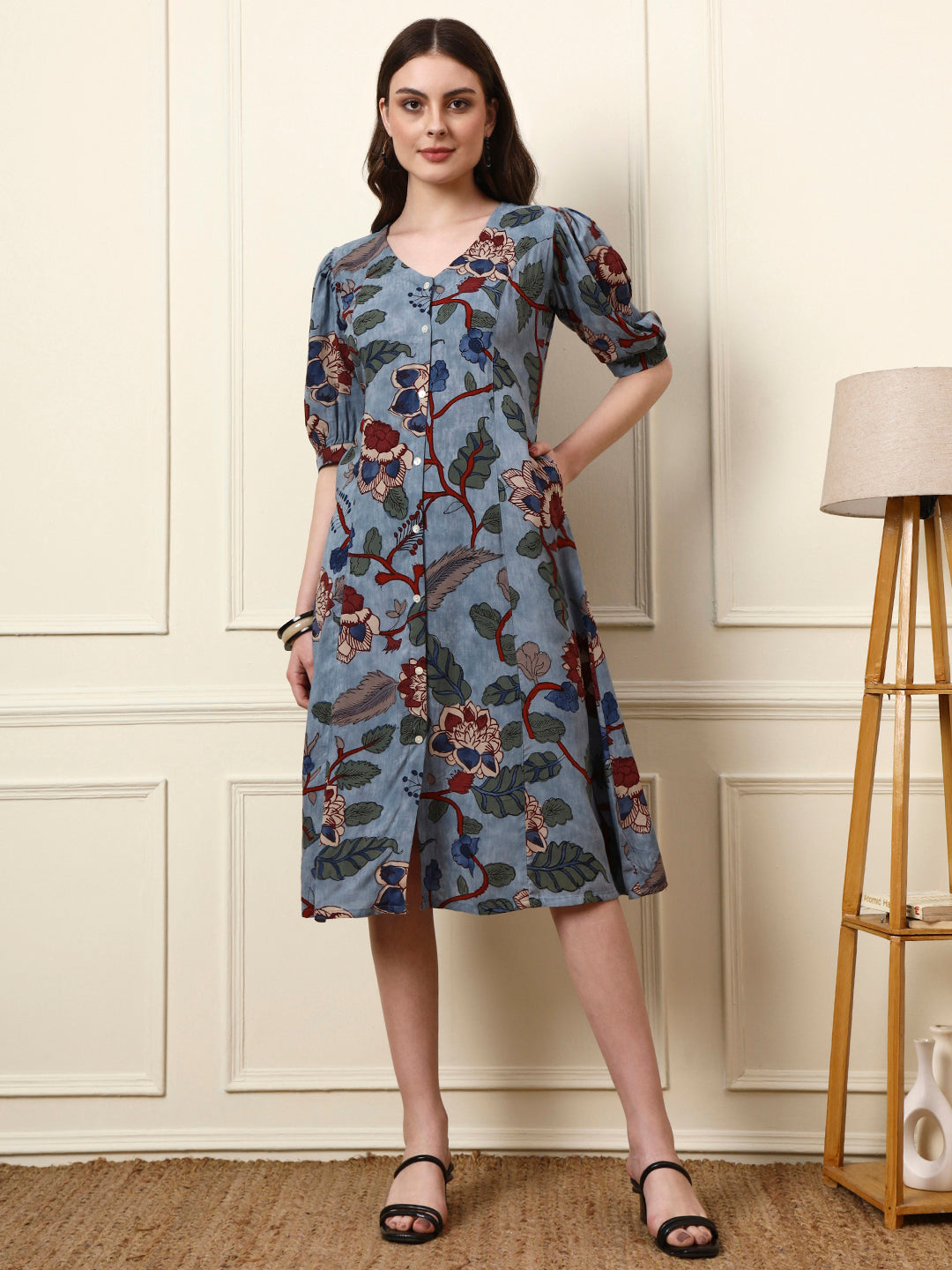 Divena Sky Blue V-Neck Rayon Dress