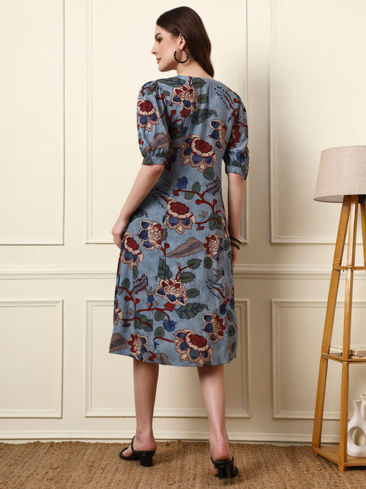 Divena Sky Blue V-Neck Rayon Dress