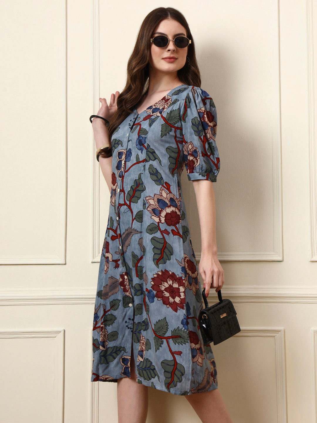 Divena Sky Blue V-Neck Rayon Dress