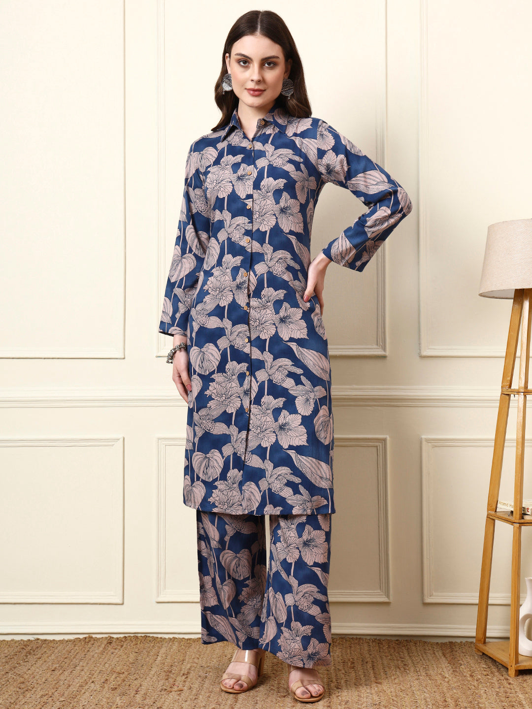 Divena Blue Shirt Coller Long Sleeves Rayon Co-ord Sets