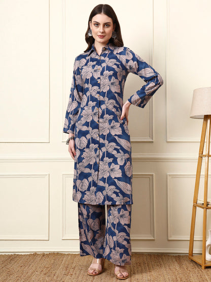 Blue Shirt Coller Long Sleeves Rayon Co-ord Sets