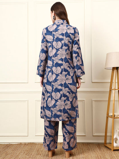 Blue Shirt Coller Long Sleeves Rayon Co-ord Sets