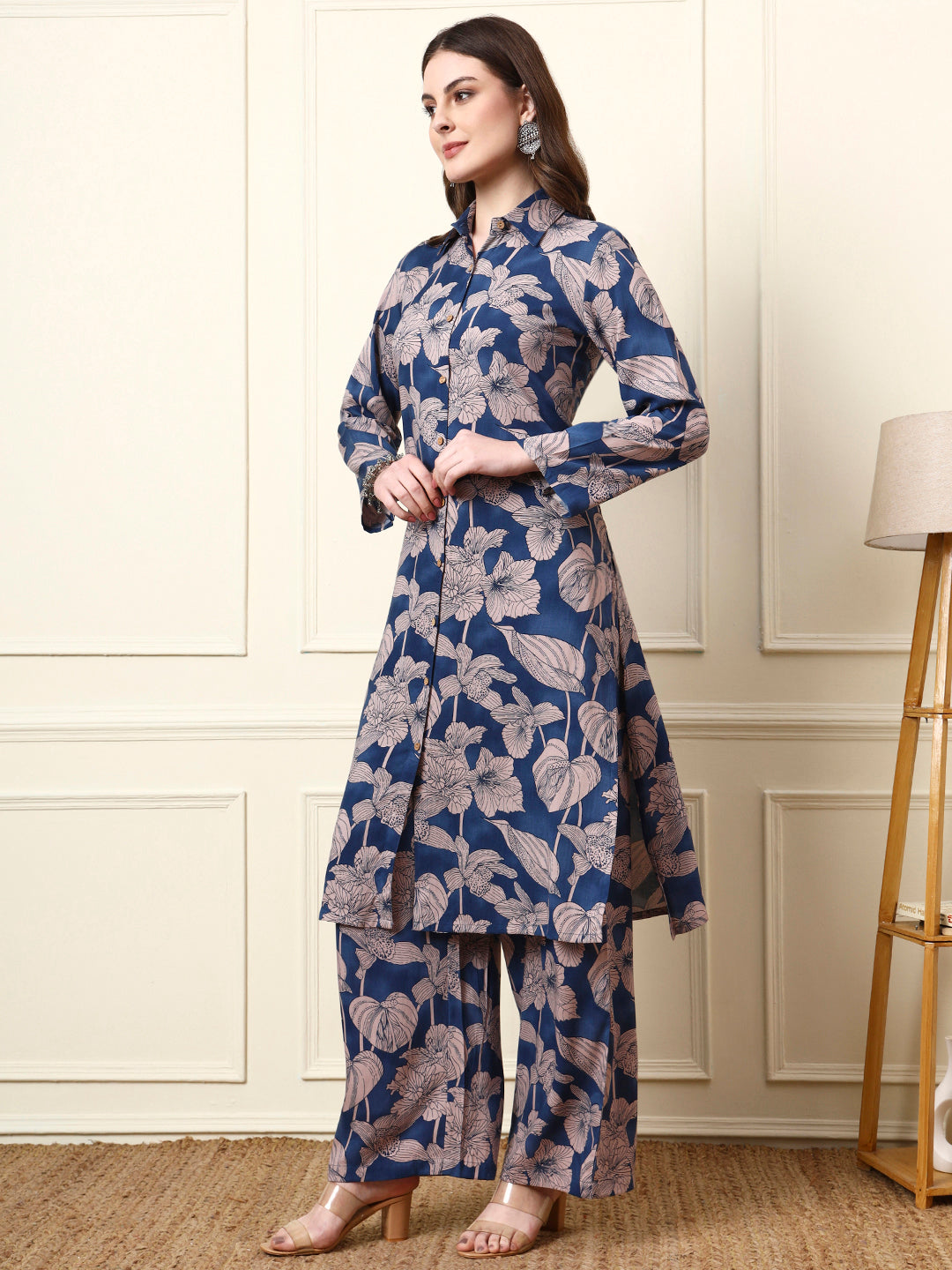 Divena Blue Shirt Coller Long Sleeves Rayon Co-ord Sets