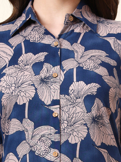 Blue Shirt Coller Long Sleeves Rayon Co-ord Sets