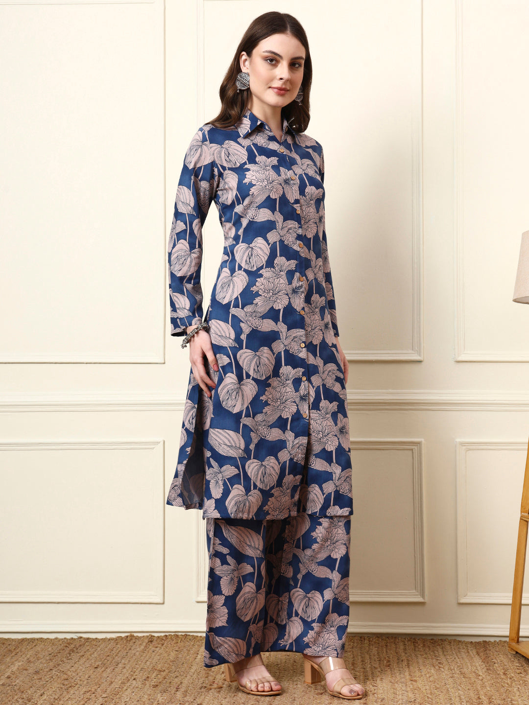 Divena Blue Shirt Coller Long Sleeves Rayon Co-ord Sets