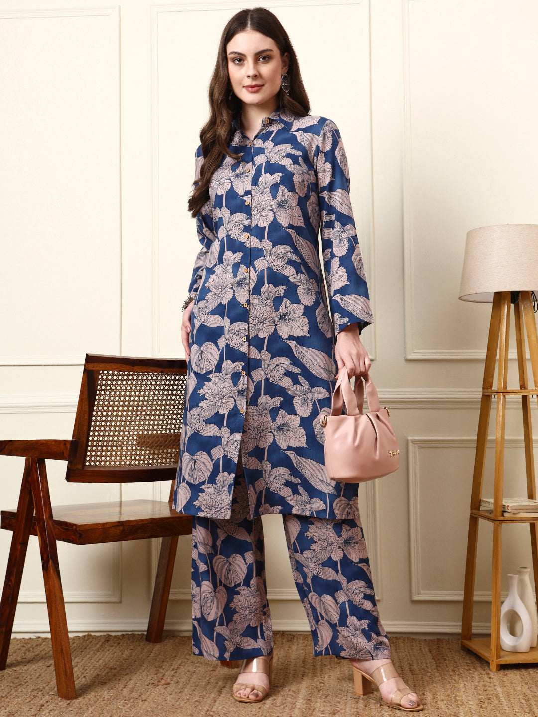 Divena Blue Shirt Coller Long Sleeves Rayon Co-ord Sets