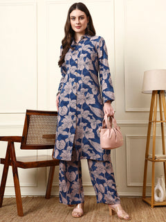 Divena Blue Shirt Coller Long Sleeves Rayon Co-ord Sets