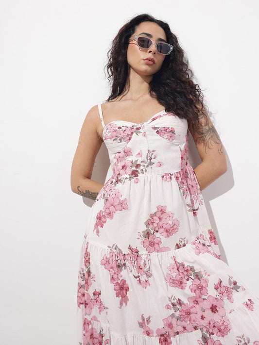 White Floral Shoulder strap Cotton Dress