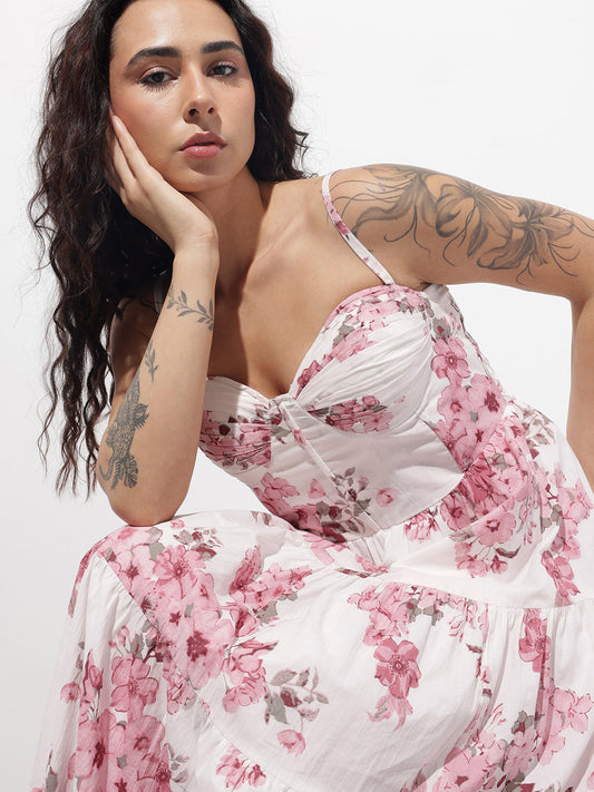 White Floral Shoulder strap Cotton Dress