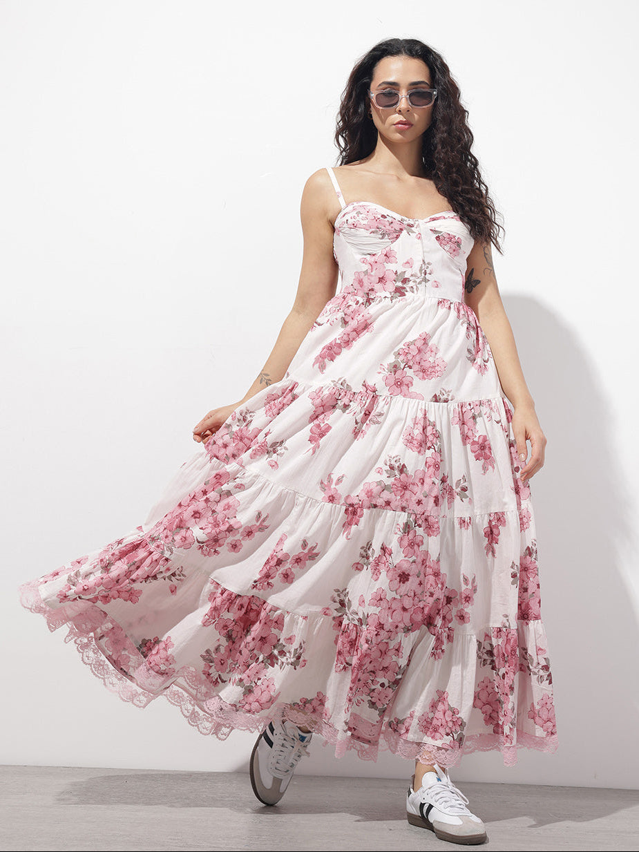 White Floral Shoulder strap Cotton Dress