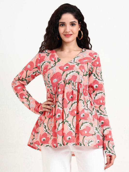 Pink Floral Print Peplum Cotton Top