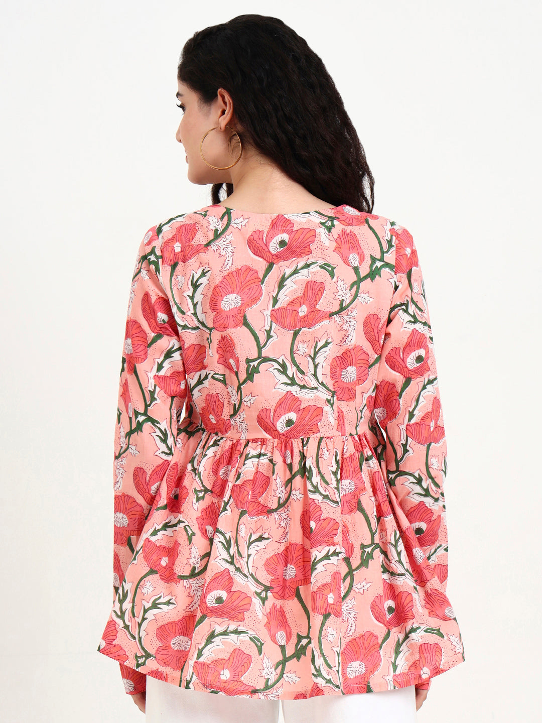 Pink Floral Print Peplum Cotton Top