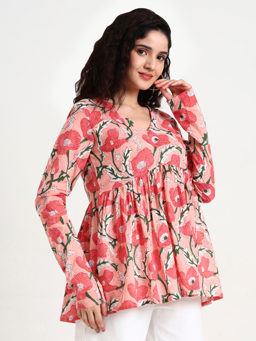Pink Floral Print Peplum Cotton Top