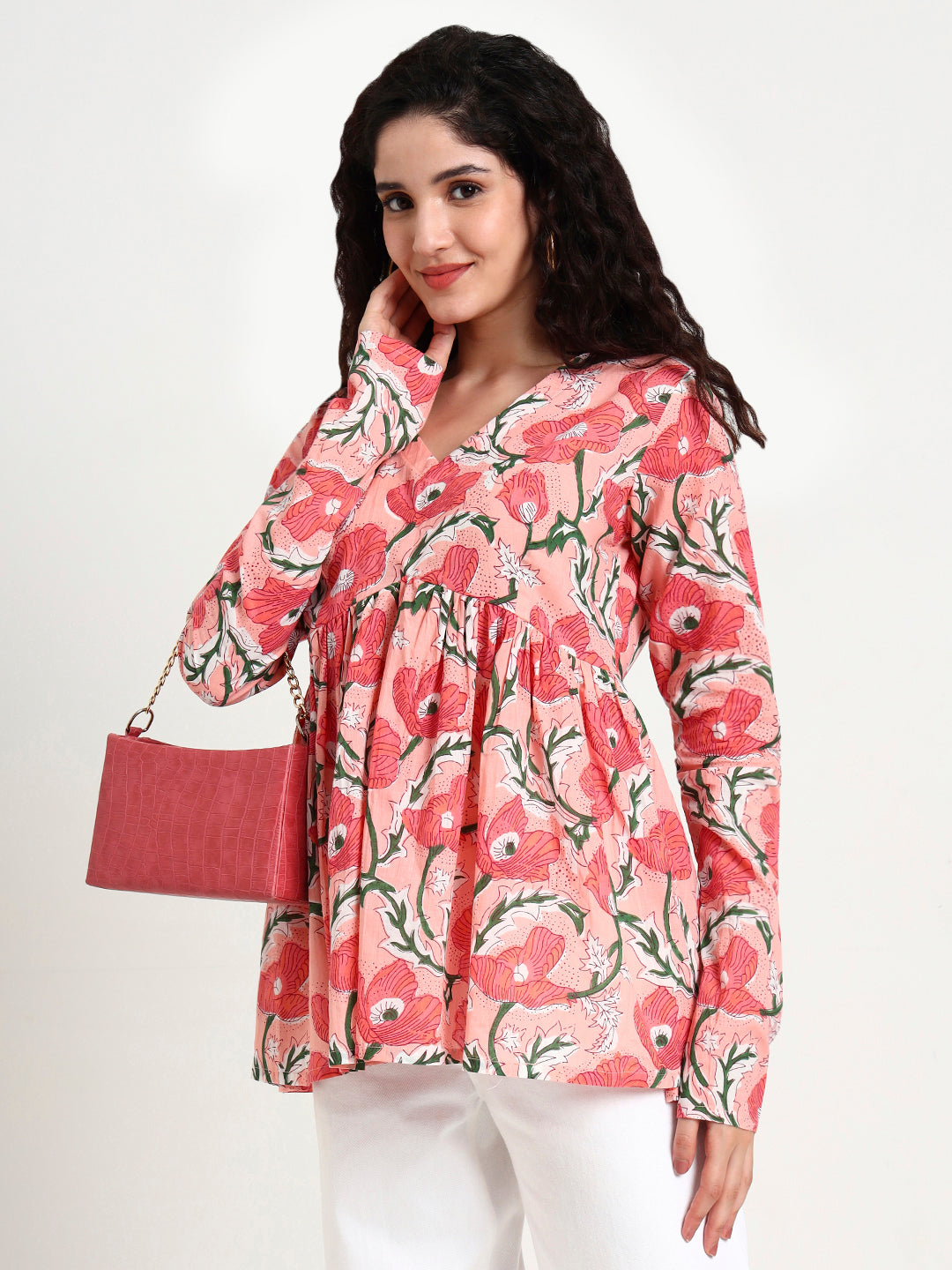 Pink Floral Print Peplum Cotton Top