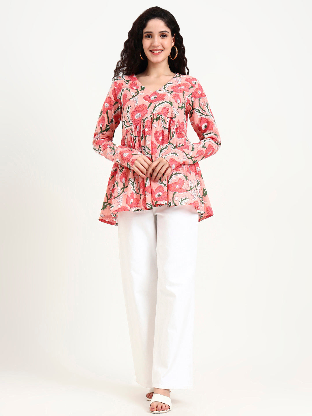 Pink Floral Print Peplum Cotton Top