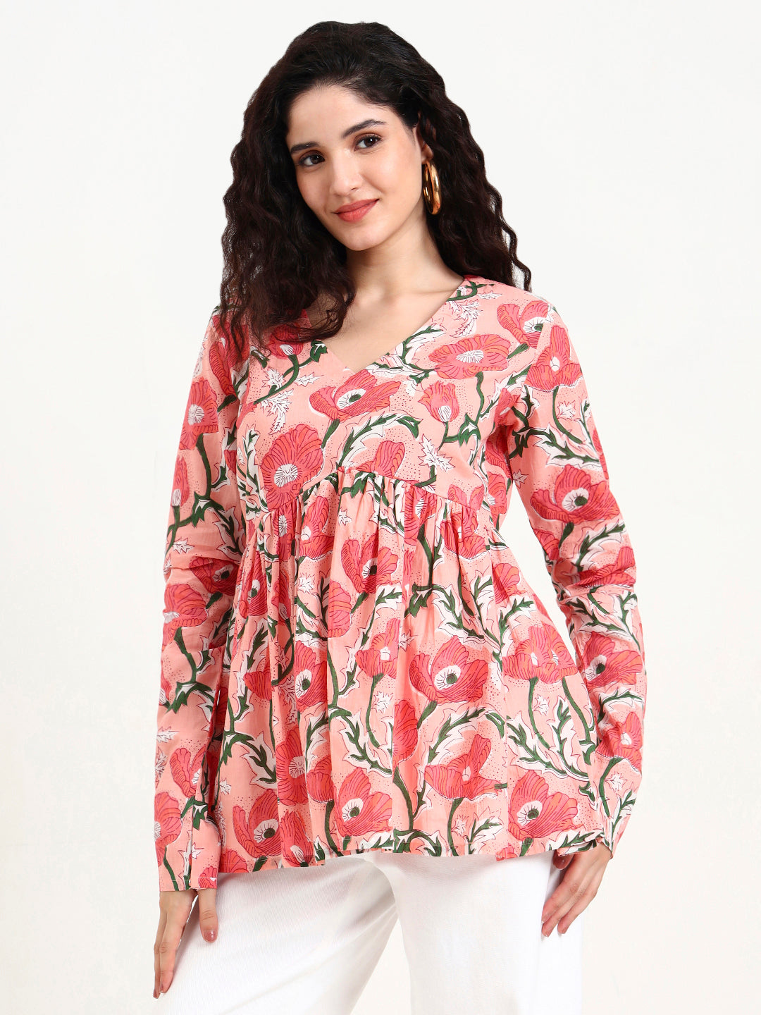 Pink Floral Print Peplum Cotton Top
