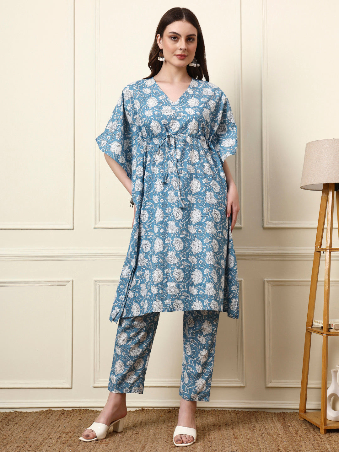 Divena Blue V-Neck Cotton Kaaftan Co-ord Sets