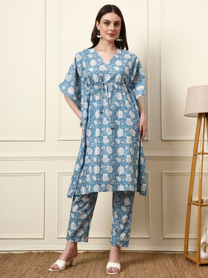 Blue V-Neck Cotton Kaaftan Co-ord Sets