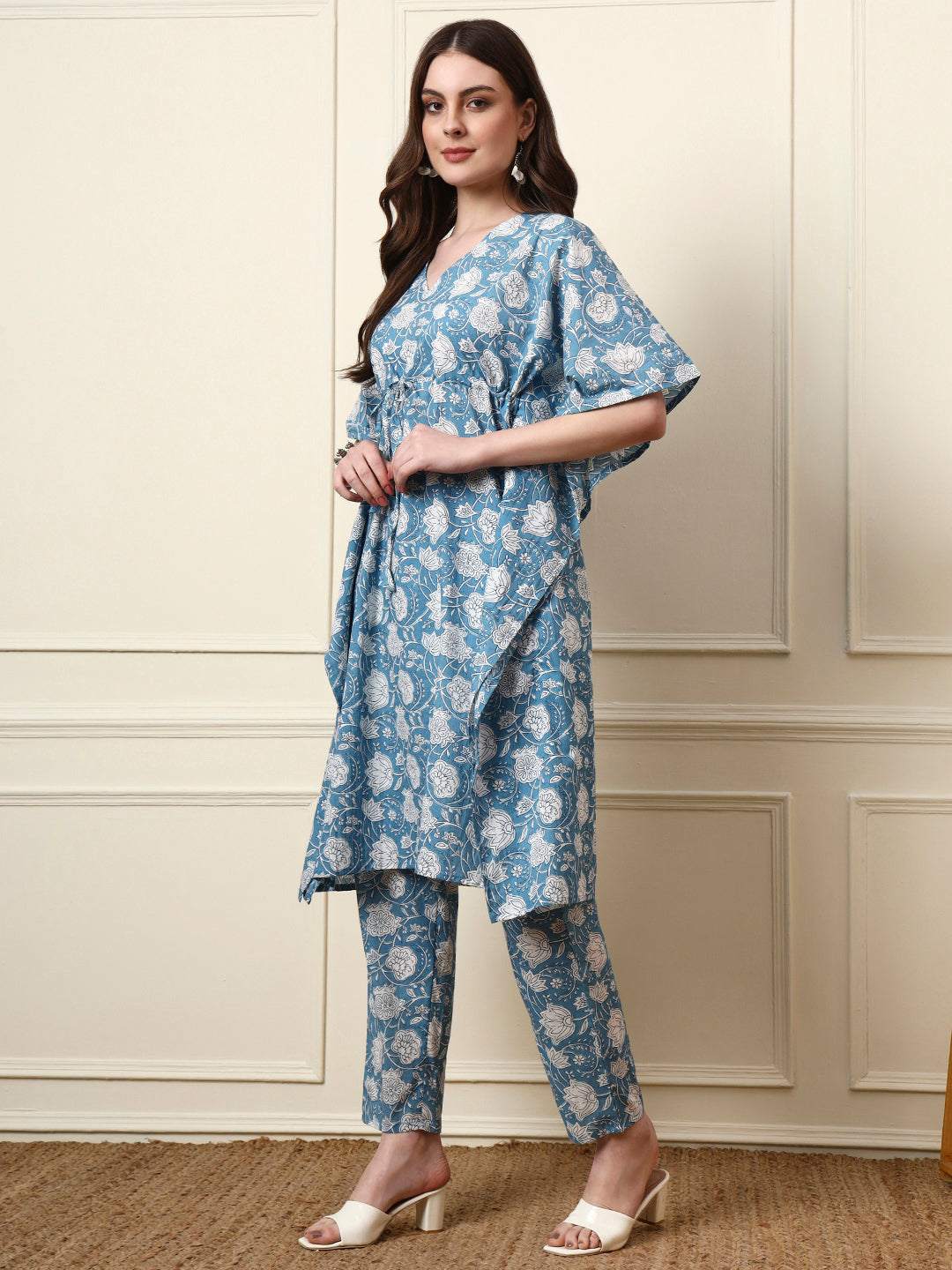 Divena Blue V-Neck Cotton Kaaftan Co-ord Sets