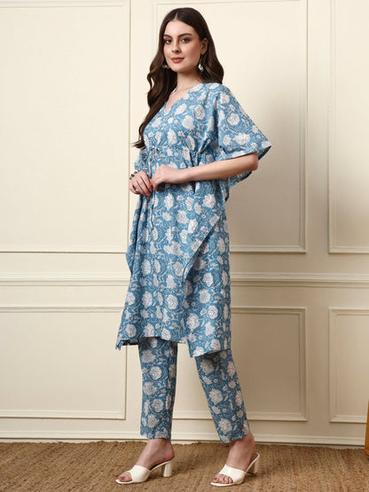 Blue V-Neck Cotton Kaaftan Co-ord Sets