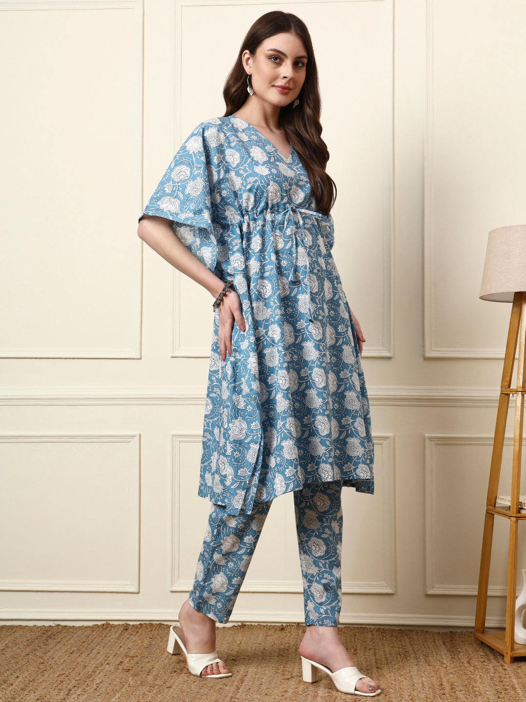 Divena Blue V-Neck Cotton Kaaftan Co-ord Sets
