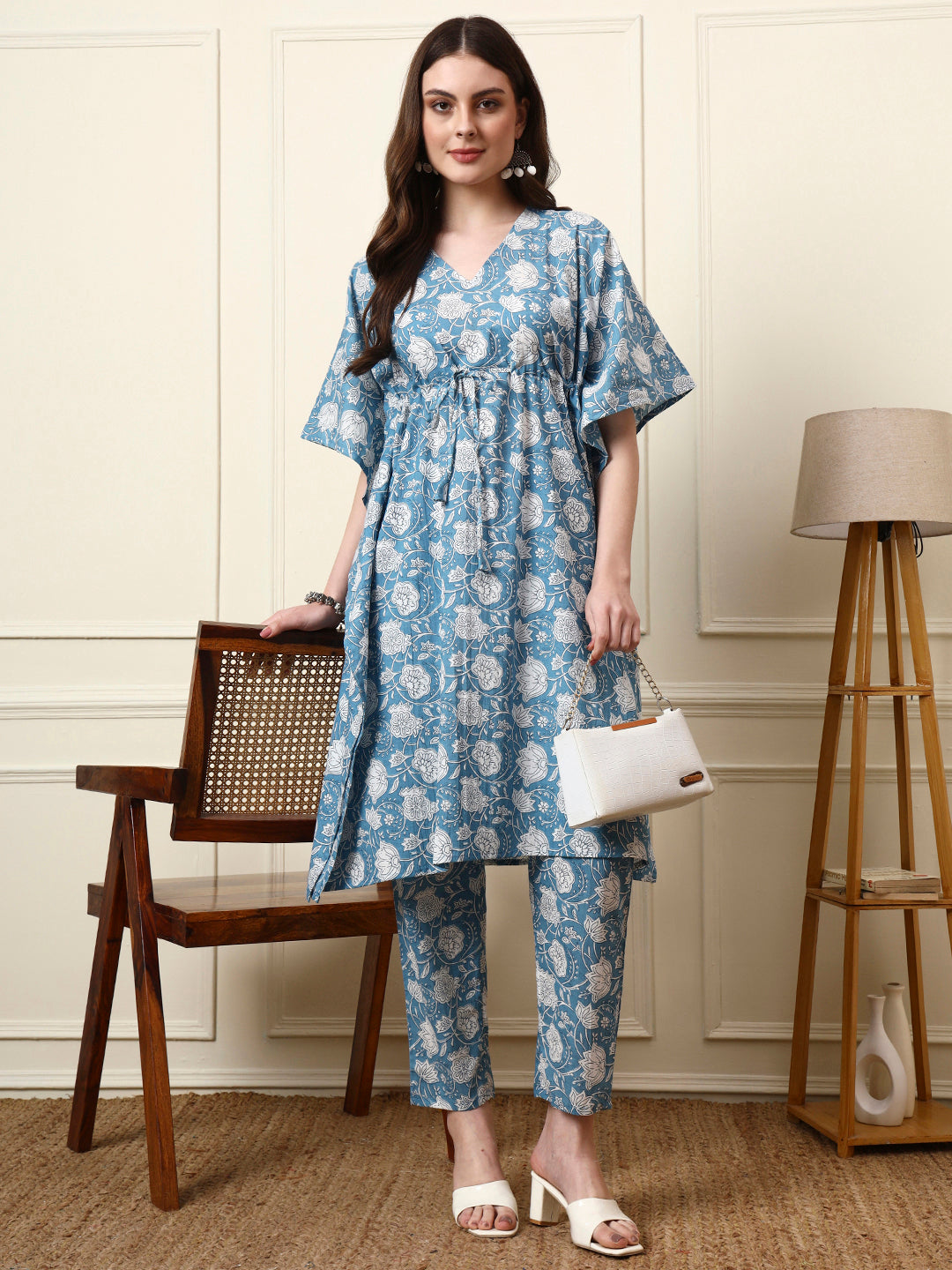 Divena Blue V-Neck Cotton Kaaftan Co-ord Sets