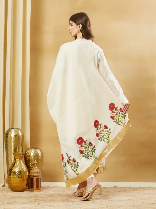 White Cotton Hand Block Print Anarkali Kurta Sets with Dupatta