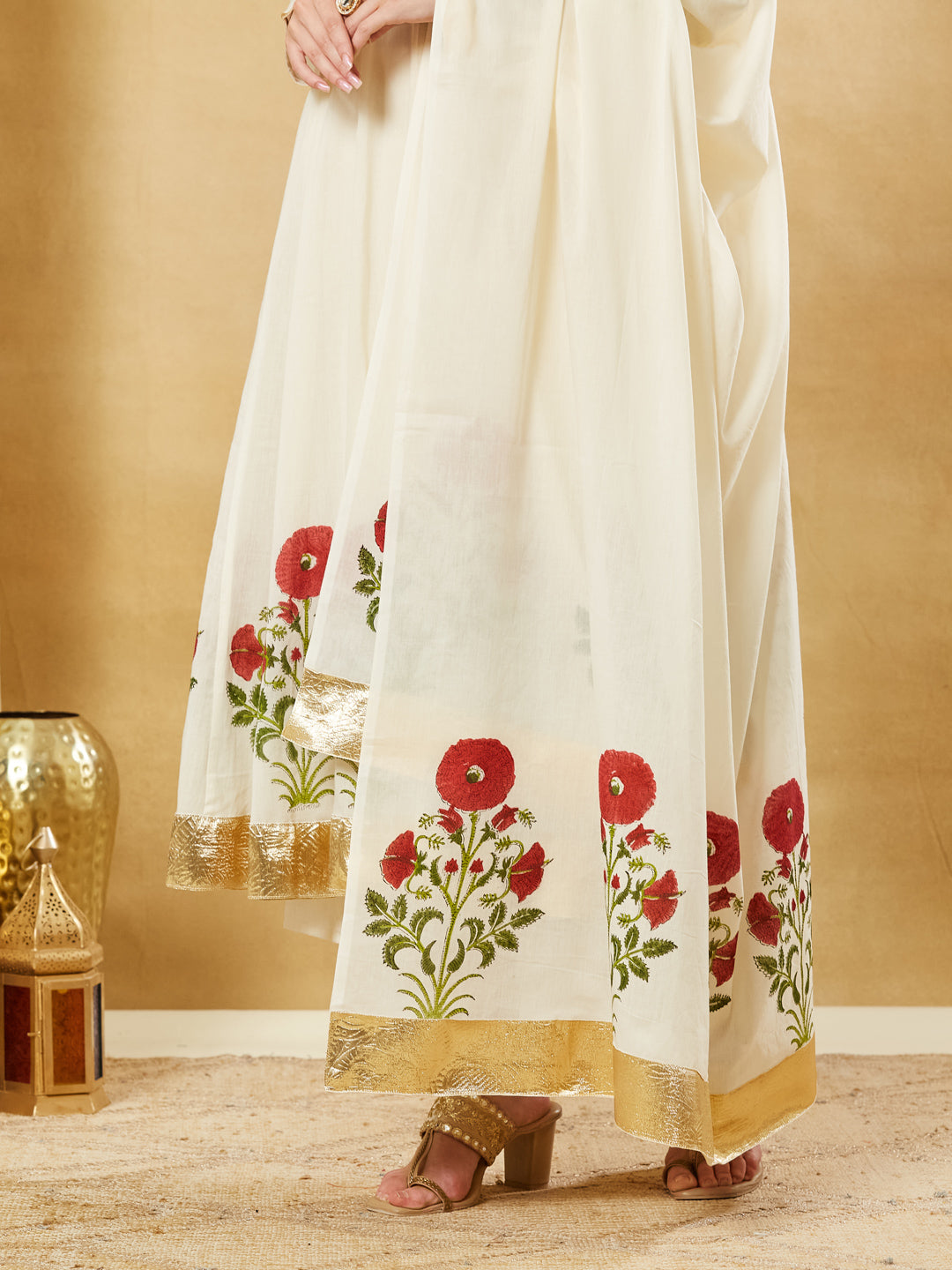 White Cotton Hand Block Print Anarkali Kurta Sets with Dupatta