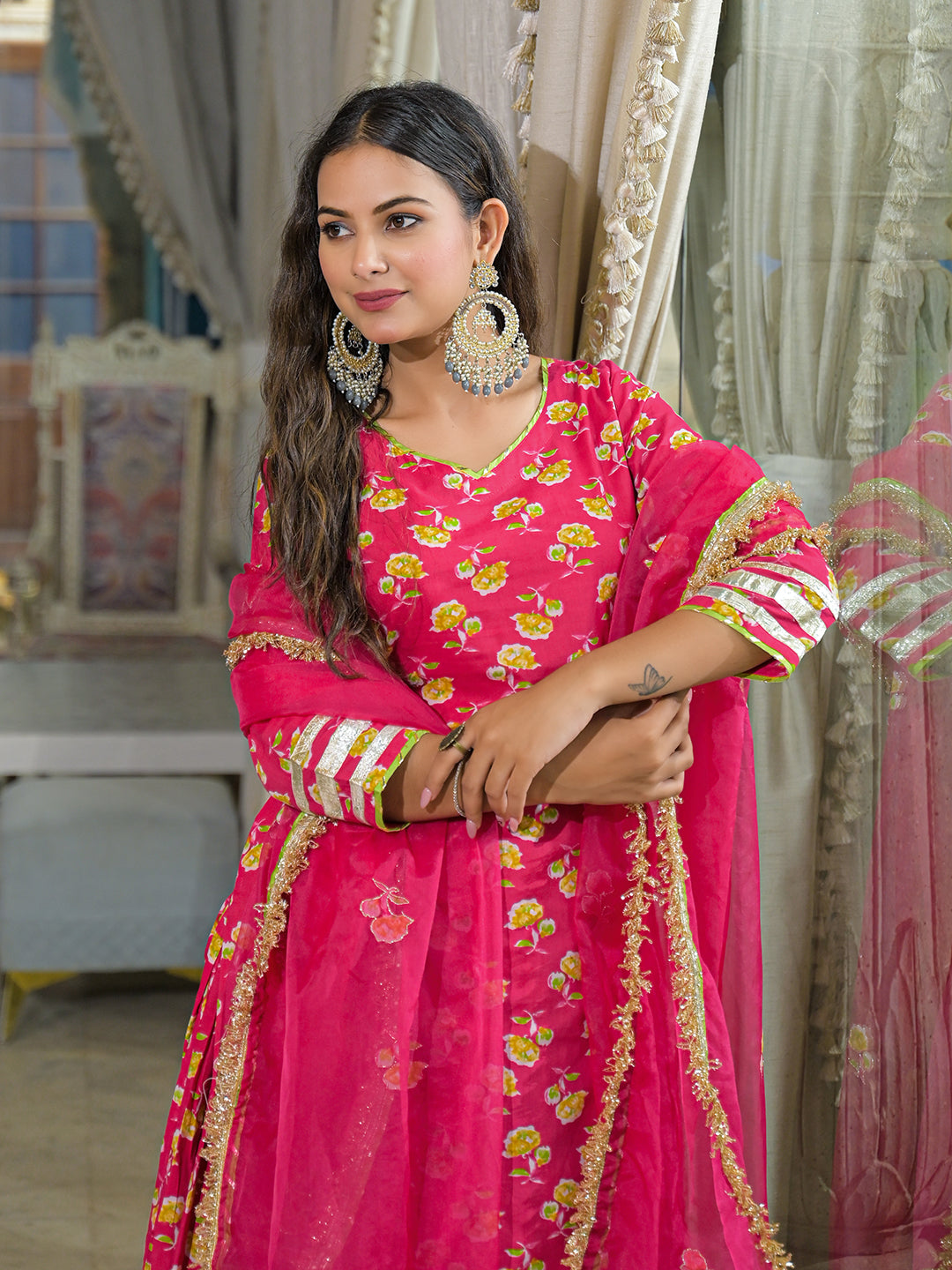 Pink Cotton Kurti Lehenga Sets With Dupatta