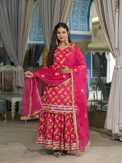 Pink Cotton Kurti Lehenga Sets With Dupatta