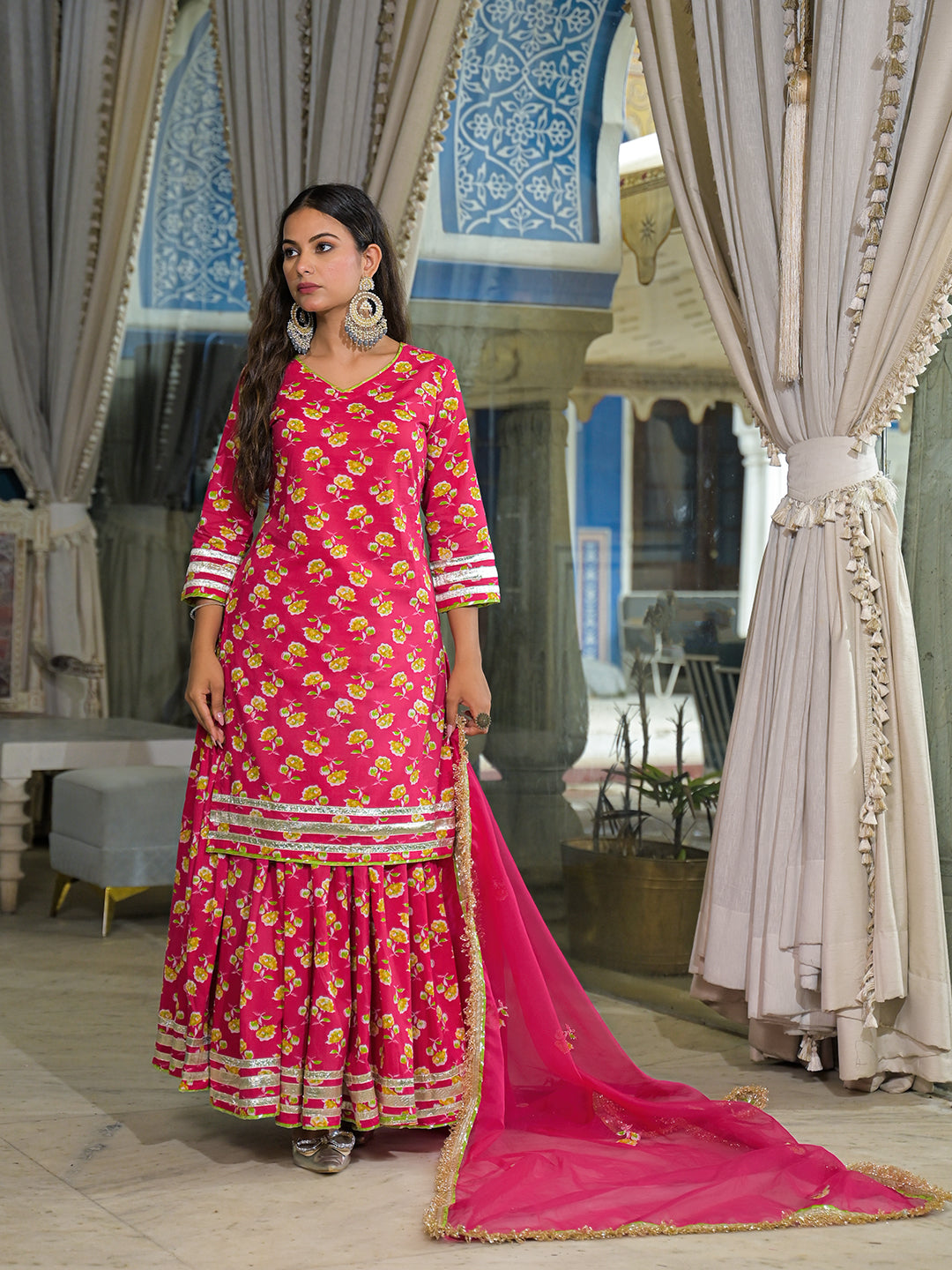 Pink Cotton Kurti Lehenga Sets With Dupatta