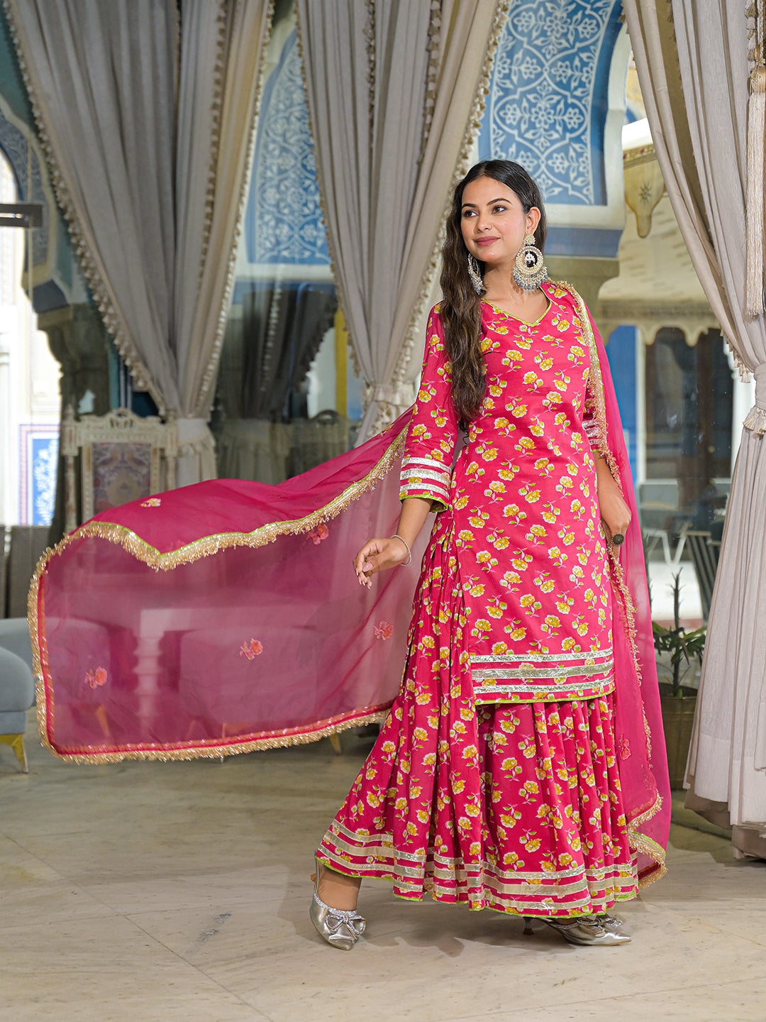 Pink Cotton Kurti Lehenga Sets With Dupatta