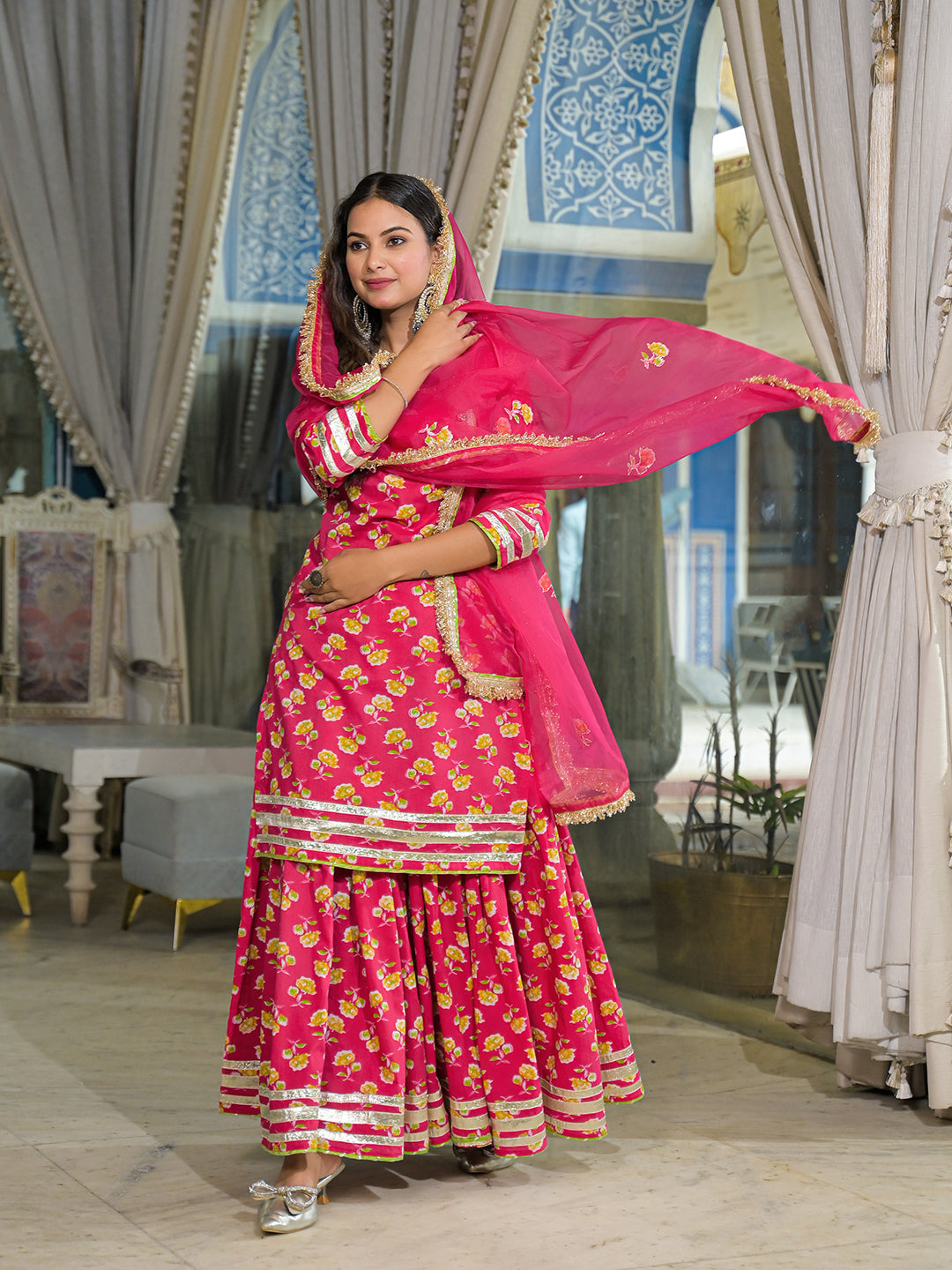 Pink Cotton Kurti Lehenga Sets With Dupatta
