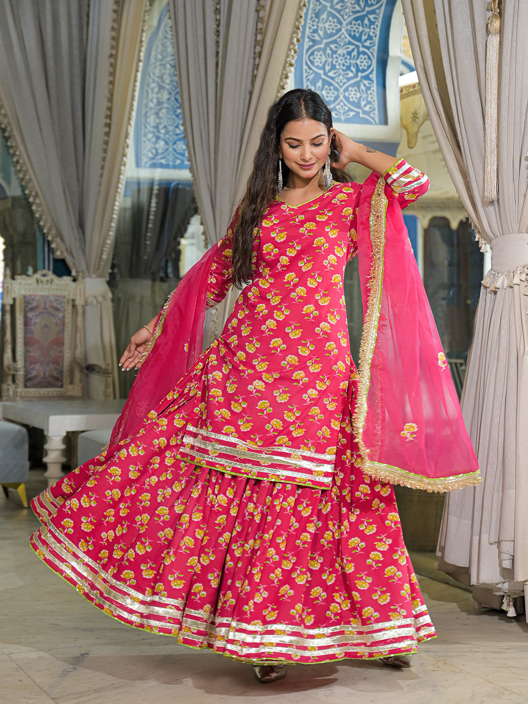 Pink Cotton Kurti Lehenga Sets With Dupatta