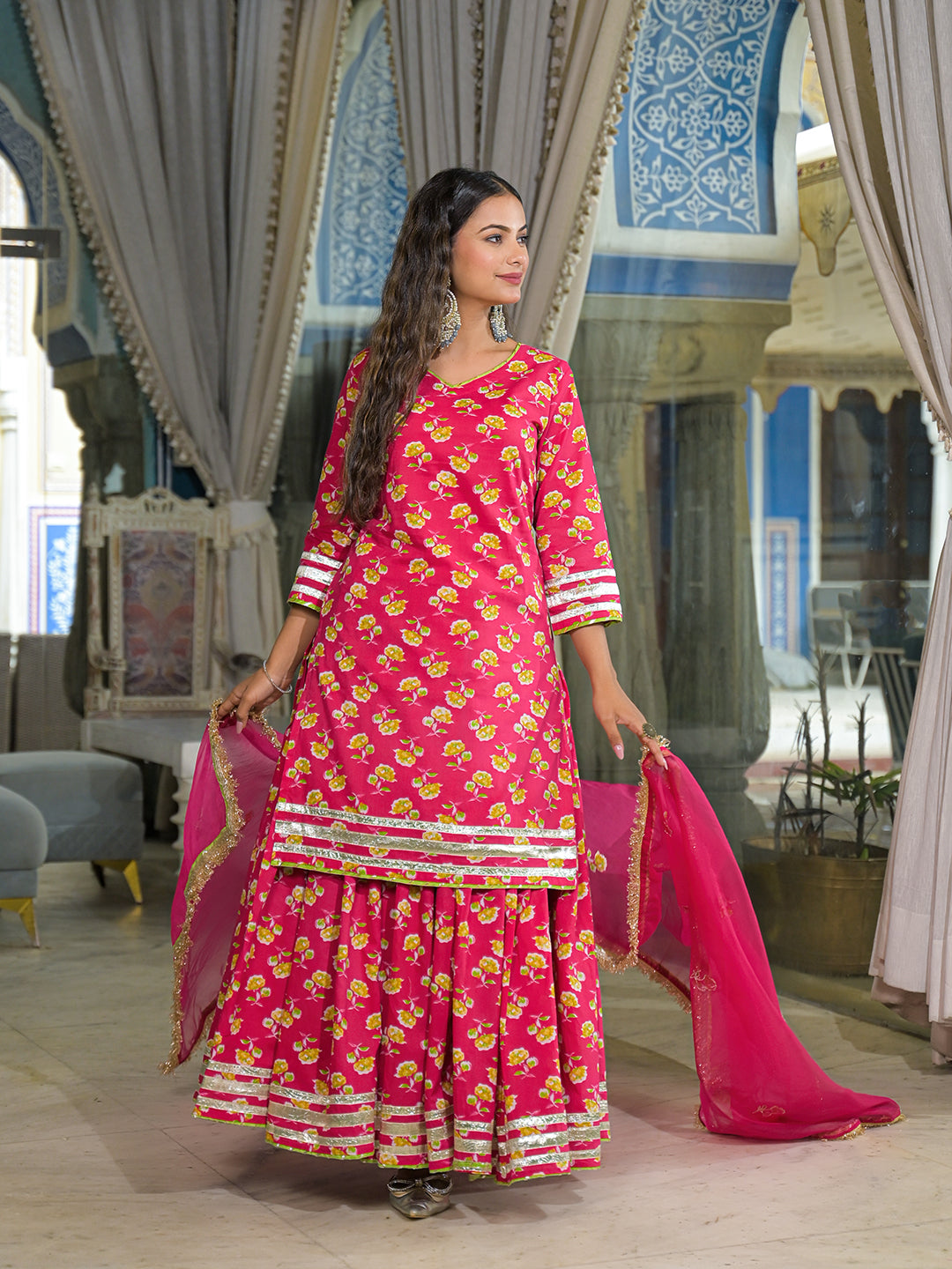 Pink Cotton Kurti Lehenga Sets With Dupatta
