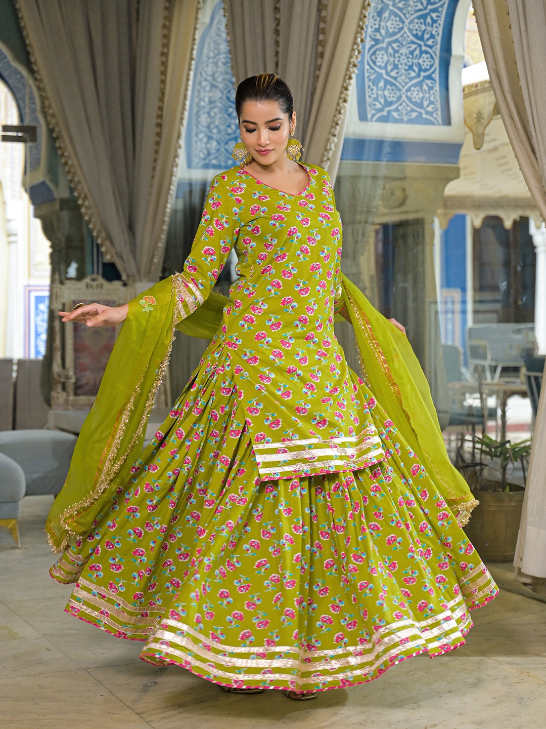 Green Cotton Kurti Lehenga Sets With Dupatta