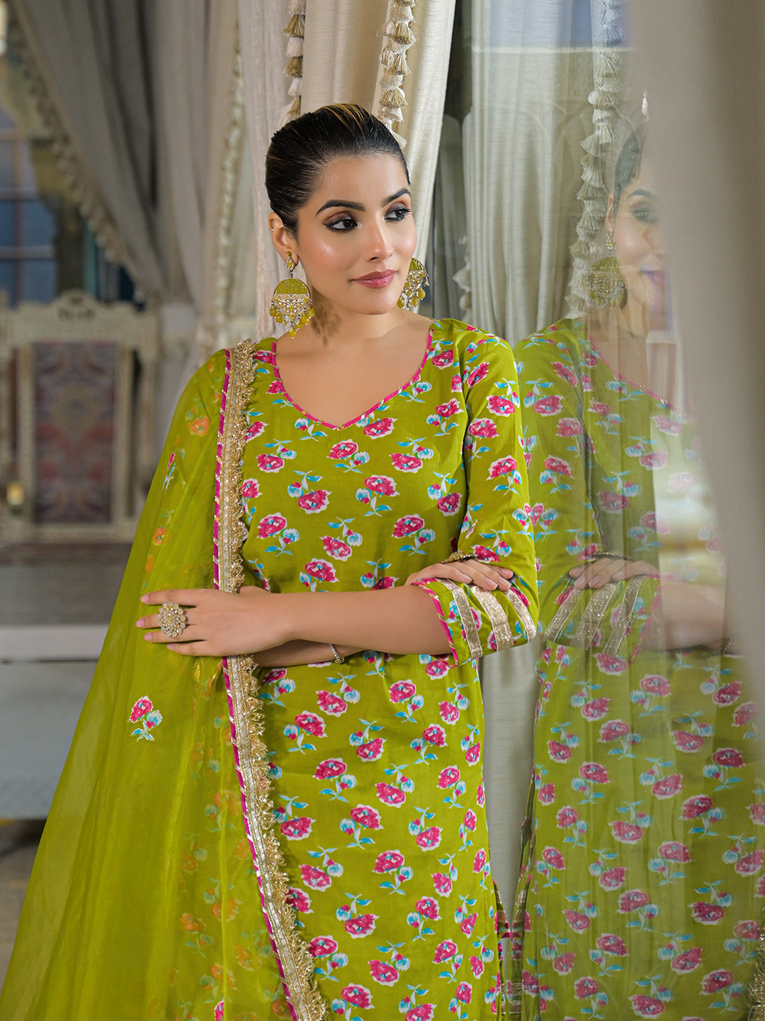 Green Cotton Kurti Lehenga Sets With Dupatta