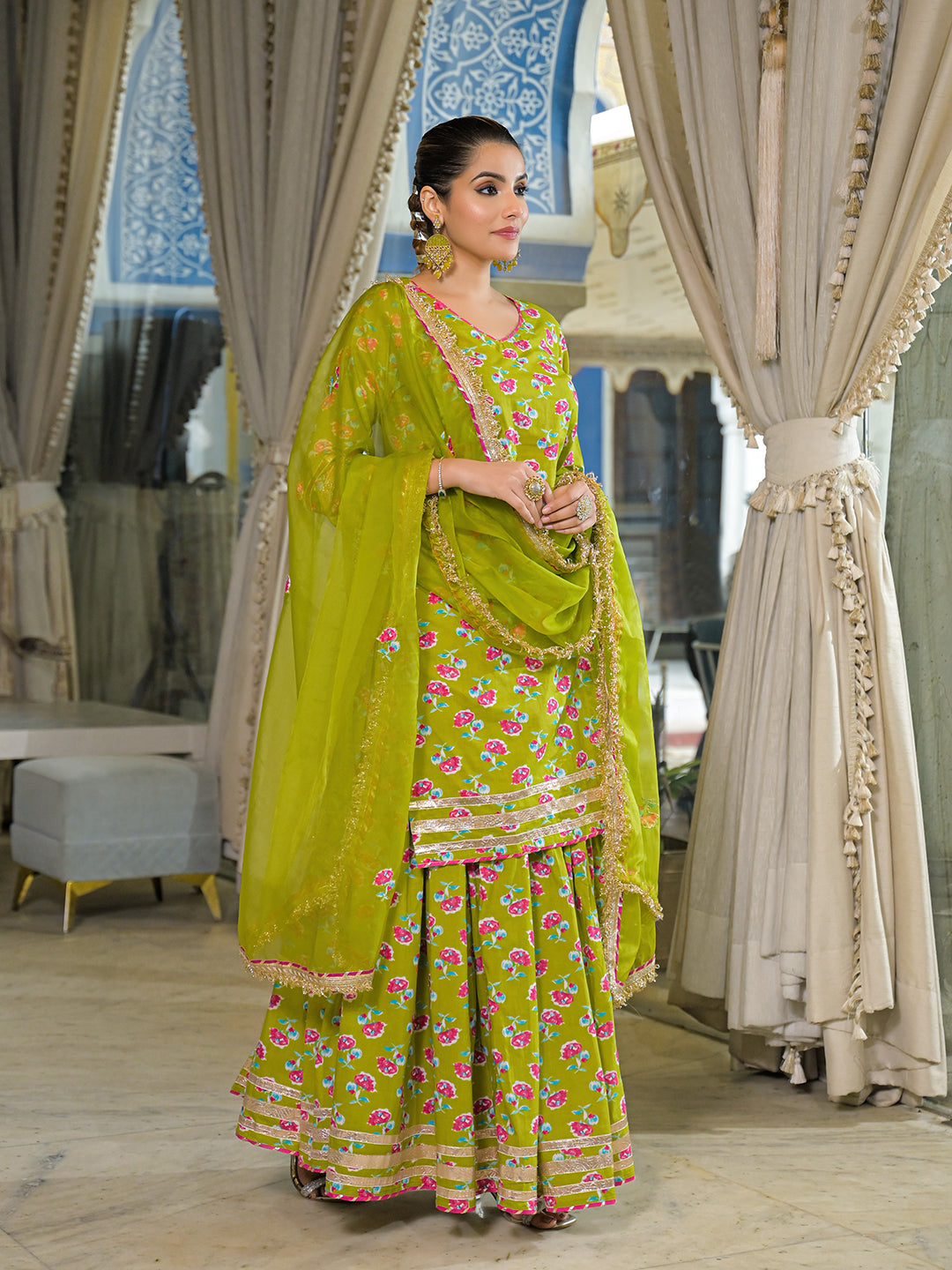 Green Cotton Kurti Lehenga Sets With Dupatta