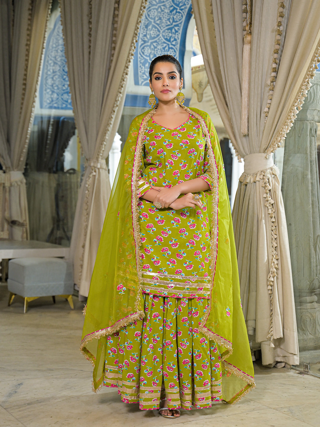Green Cotton Kurti Lehenga Sets With Dupatta
