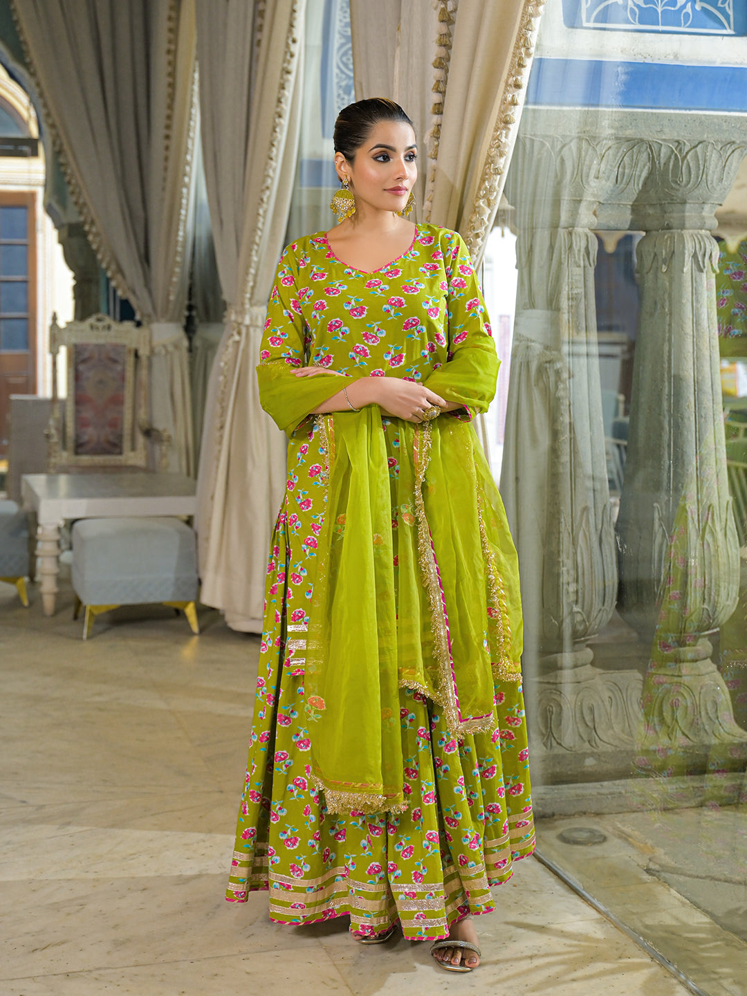 Green Cotton Kurti Lehenga Sets With Dupatta