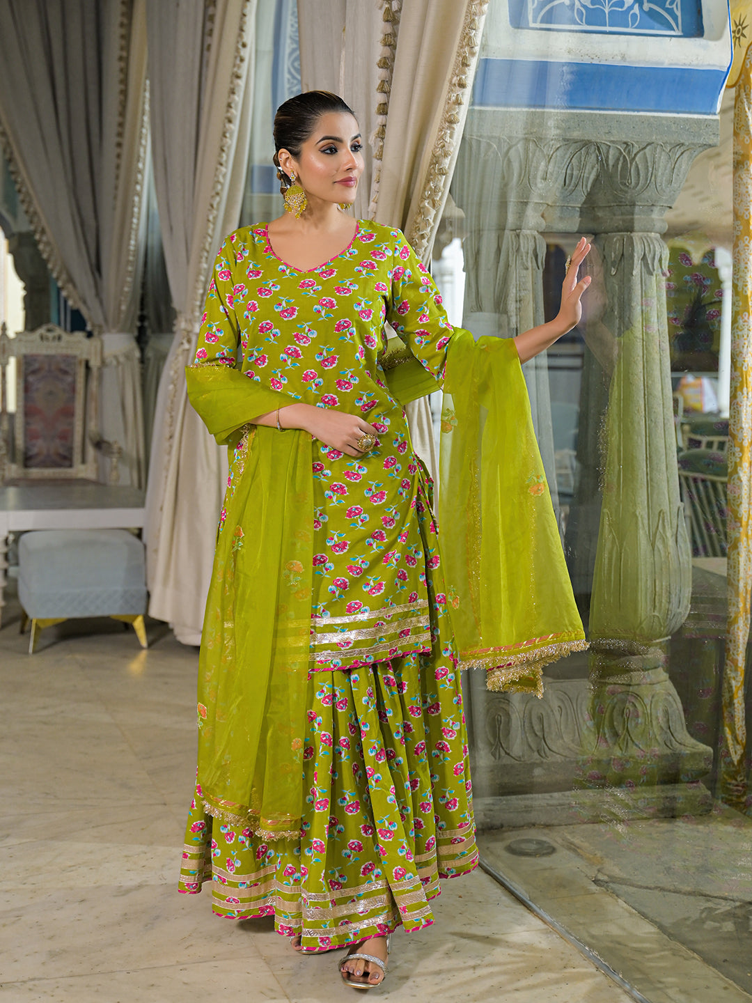 Green Cotton Kurti Lehenga Sets With Dupatta