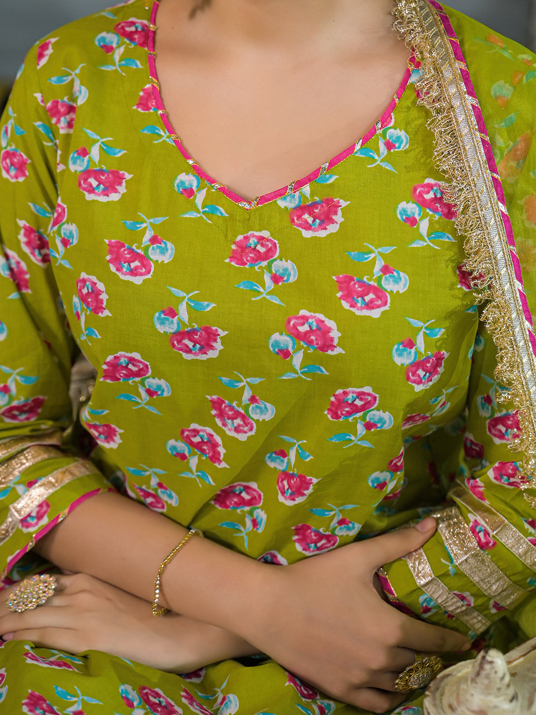 Green Cotton Kurti Lehenga Sets With Dupatta