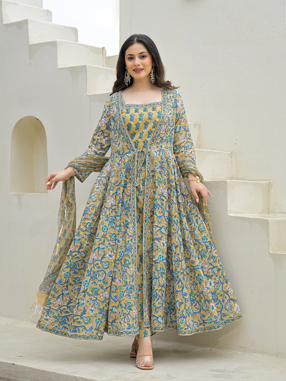 Beige Cotton Hand Block Anarkali Kurta Pant Sets Dupatta with Jecket